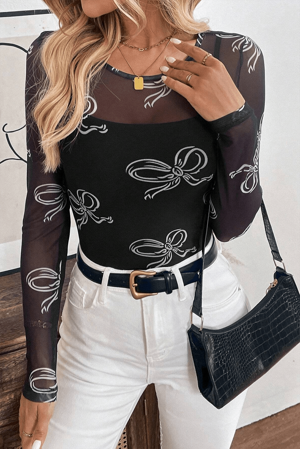 Pink Bow Print Long Sleeve Mesh Top - MAD RUFFI