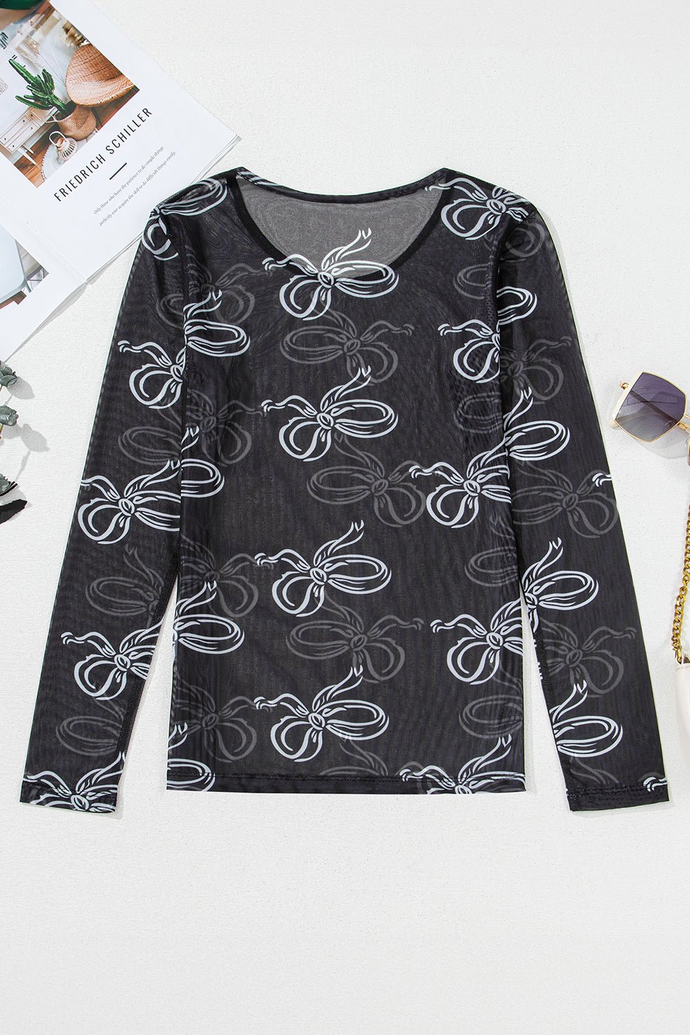 Pink Bow Print Long Sleeve Mesh Top - MAD RUFFI