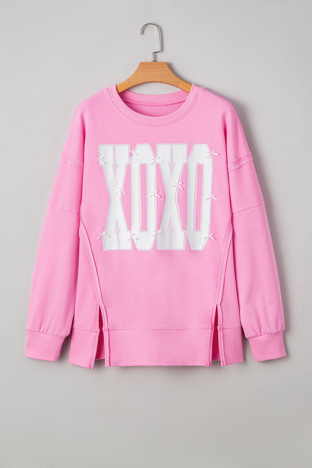 Pink Bow Sequin XOXO Letter Graphic Exposed Seam Baggy Sweatshirt - MAD RUFFI