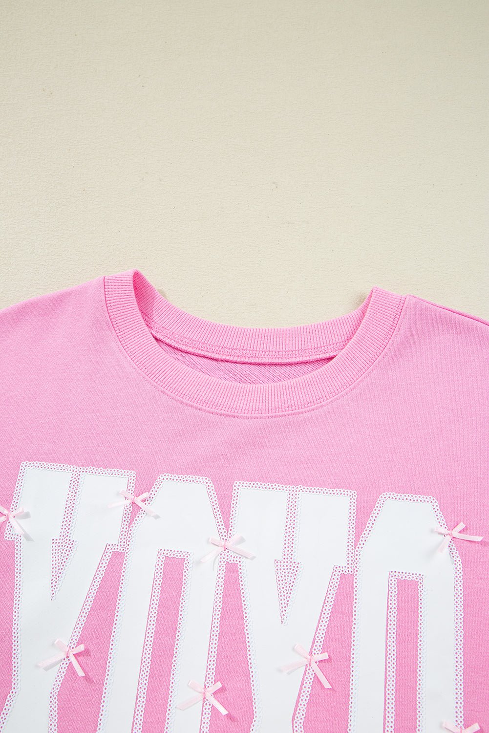 Pink Bow Sequin XOXO Letter Graphic Exposed Seam Baggy Sweatshirt - MAD RUFFI