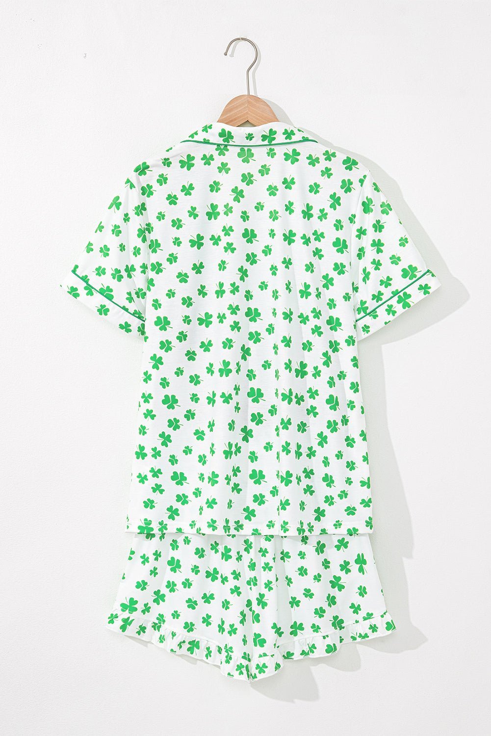 Pink Bowknot Print Shirt and Ruffle Hem Shorts Pajama Set - MAD RUFFI