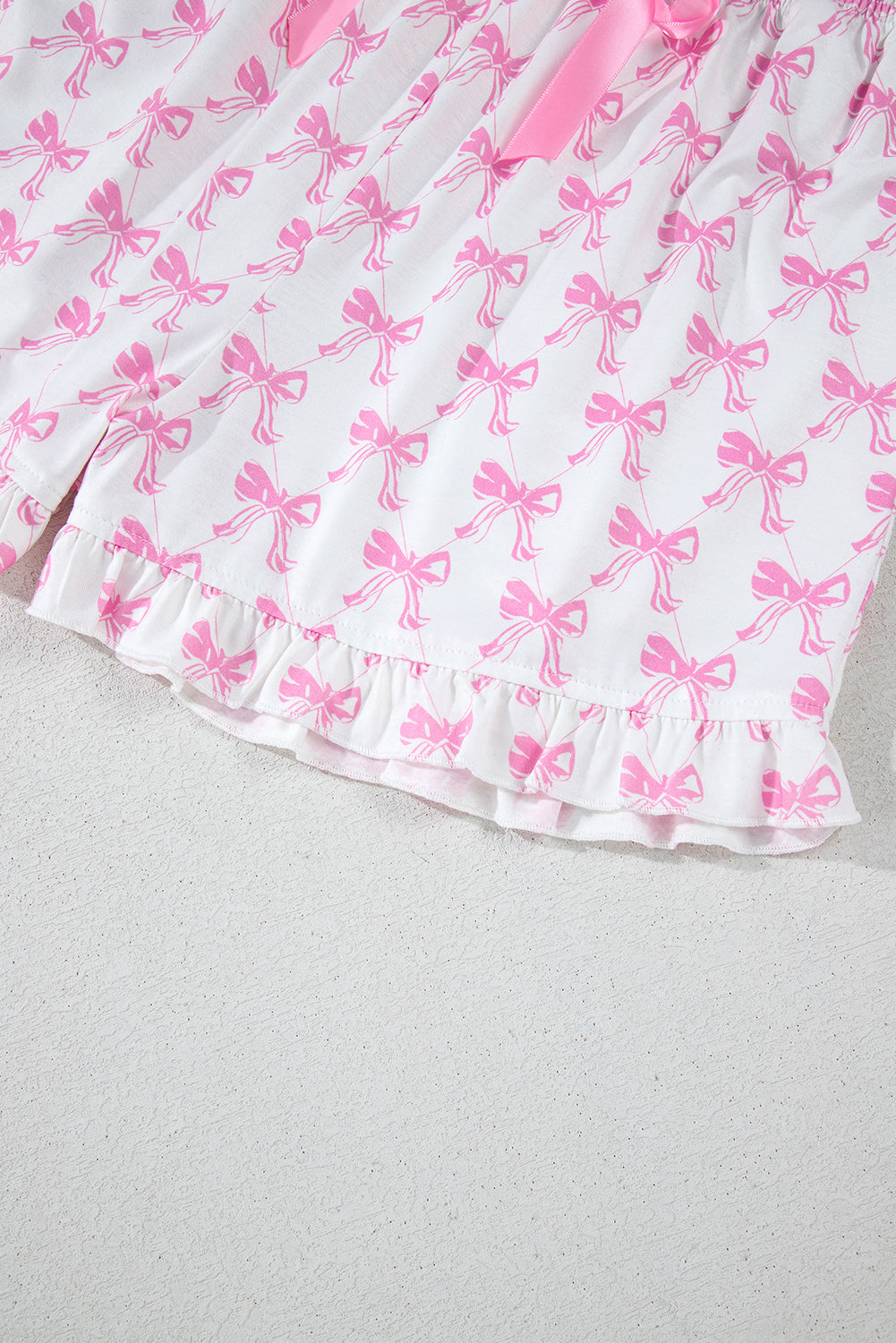 Pink Bowknot Print Shirt and Ruffle Hem Shorts Pajama Set - MAD RUFFI