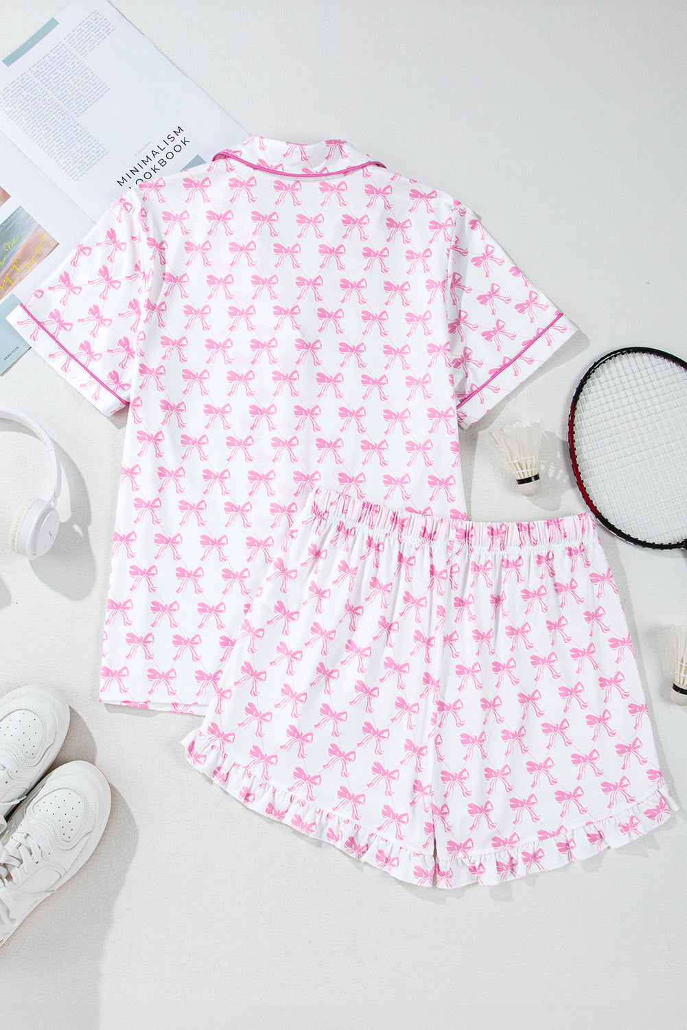 Pink Bowknot Print Shirt and Ruffle Hem Shorts Pajama Set - MAD RUFFI