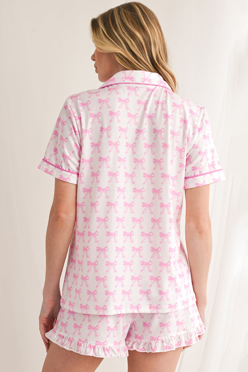 Pink Bowknot Print Shirt and Ruffle Hem Shorts Pajama Set - MAD RUFFI