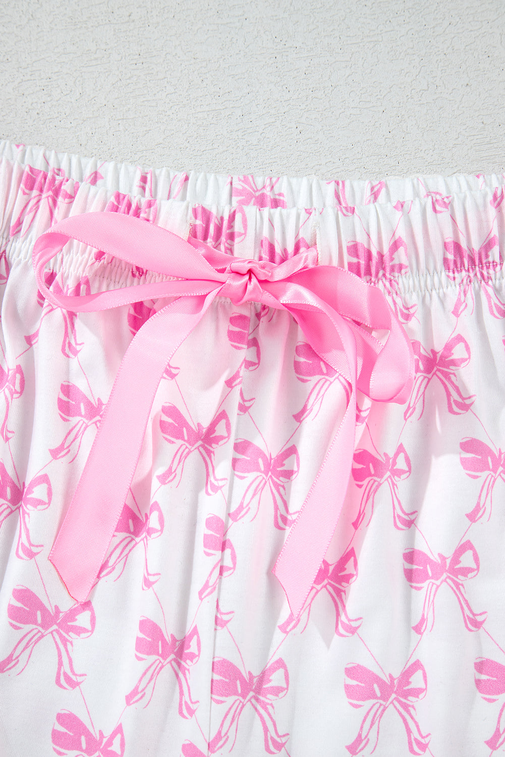 Pink Bowknot Print Shirt and Ruffle Hem Shorts Pajama Set - MAD RUFFI