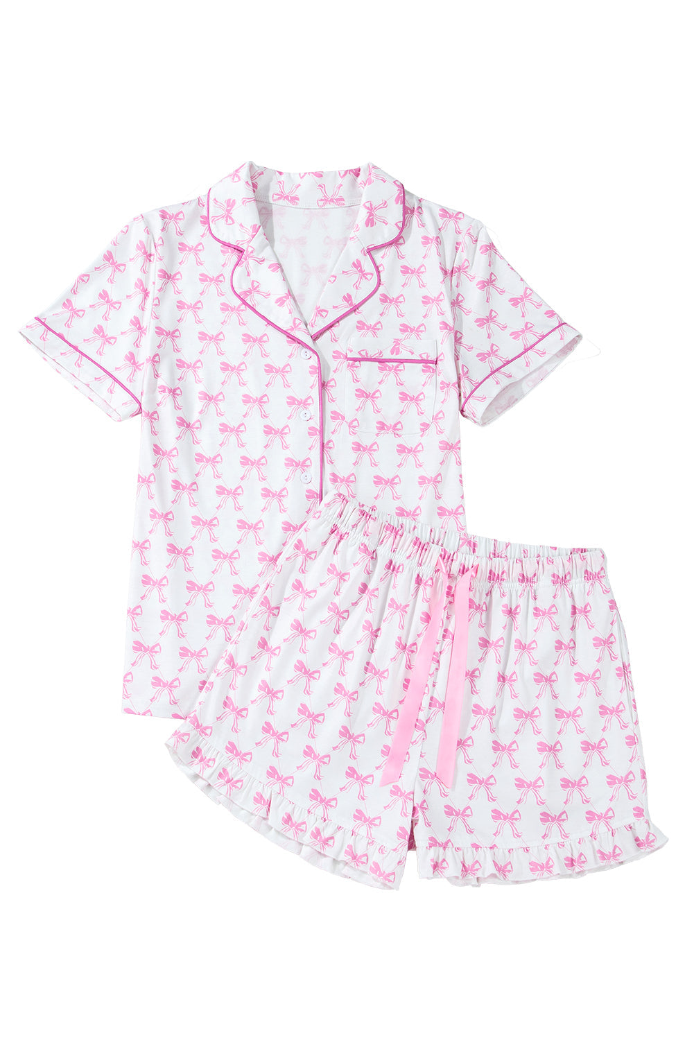 Pink Bowknot Print Shirt and Ruffle Hem Shorts Pajama Set - MAD RUFFI