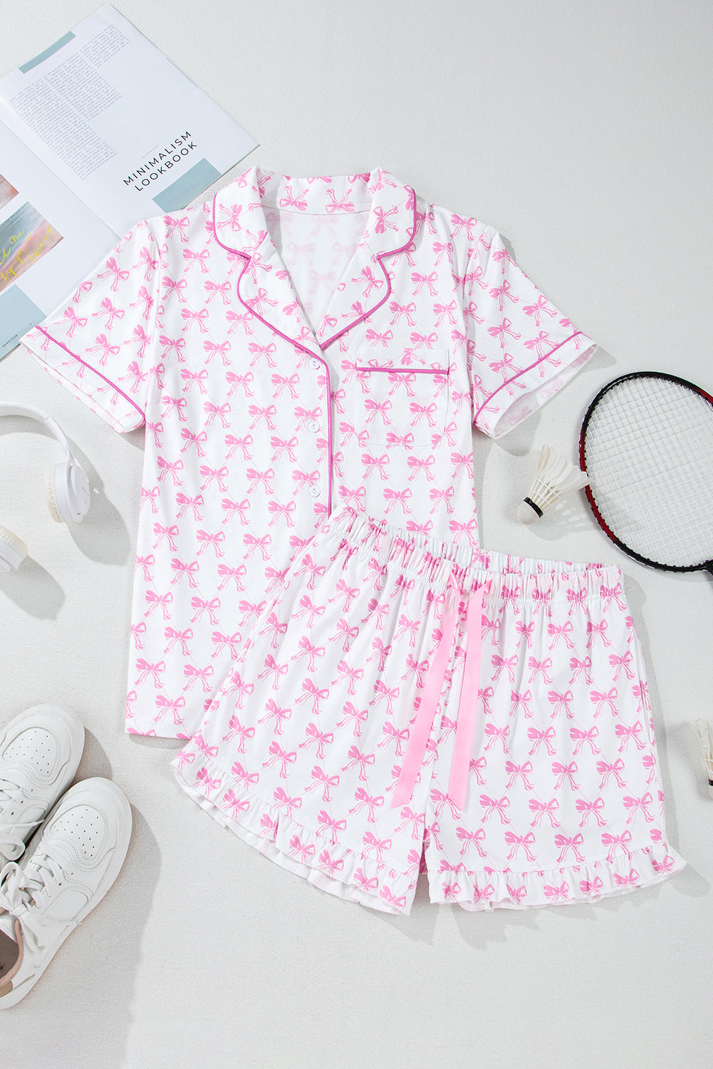 Pink Bowknot Print Shirt and Ruffle Hem Shorts Pajama Set - MAD RUFFI