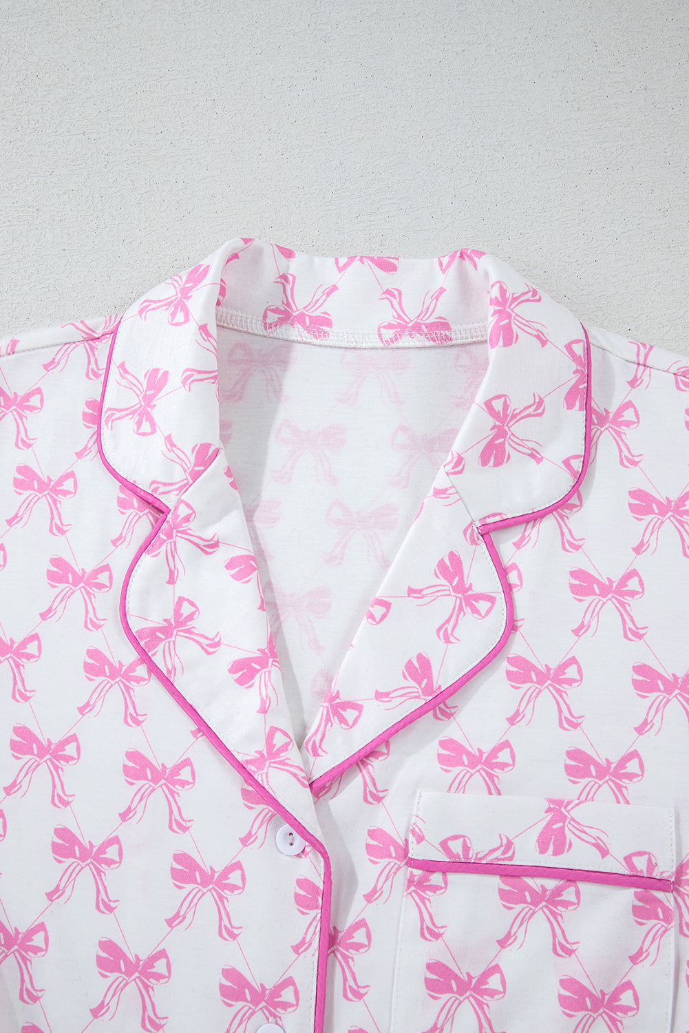 Pink Bowknot Print Shirt and Ruffle Hem Shorts Pajama Set - MAD RUFFI