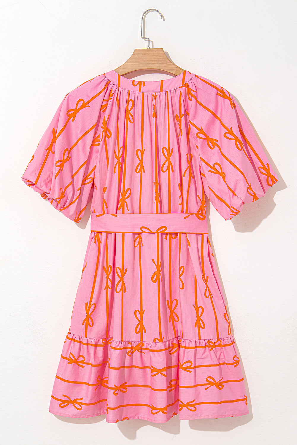 Pink Bowknot Striped Printed Bubble Sleeve Buttoned Belted Mini Dress - MAD RUFFI