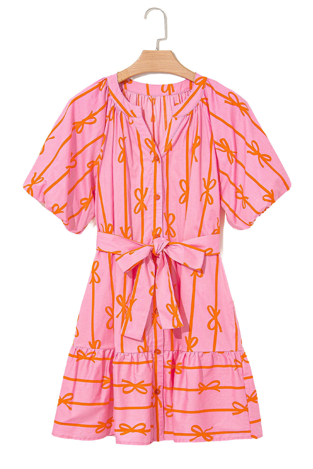 Pink Bowknot Striped Printed Bubble Sleeve Buttoned Belted Mini Dress - MAD RUFFI