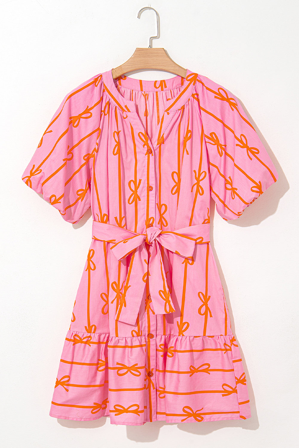 Pink Bowknot Striped Printed Bubble Sleeve Buttoned Belted Mini Dress - MAD RUFFI