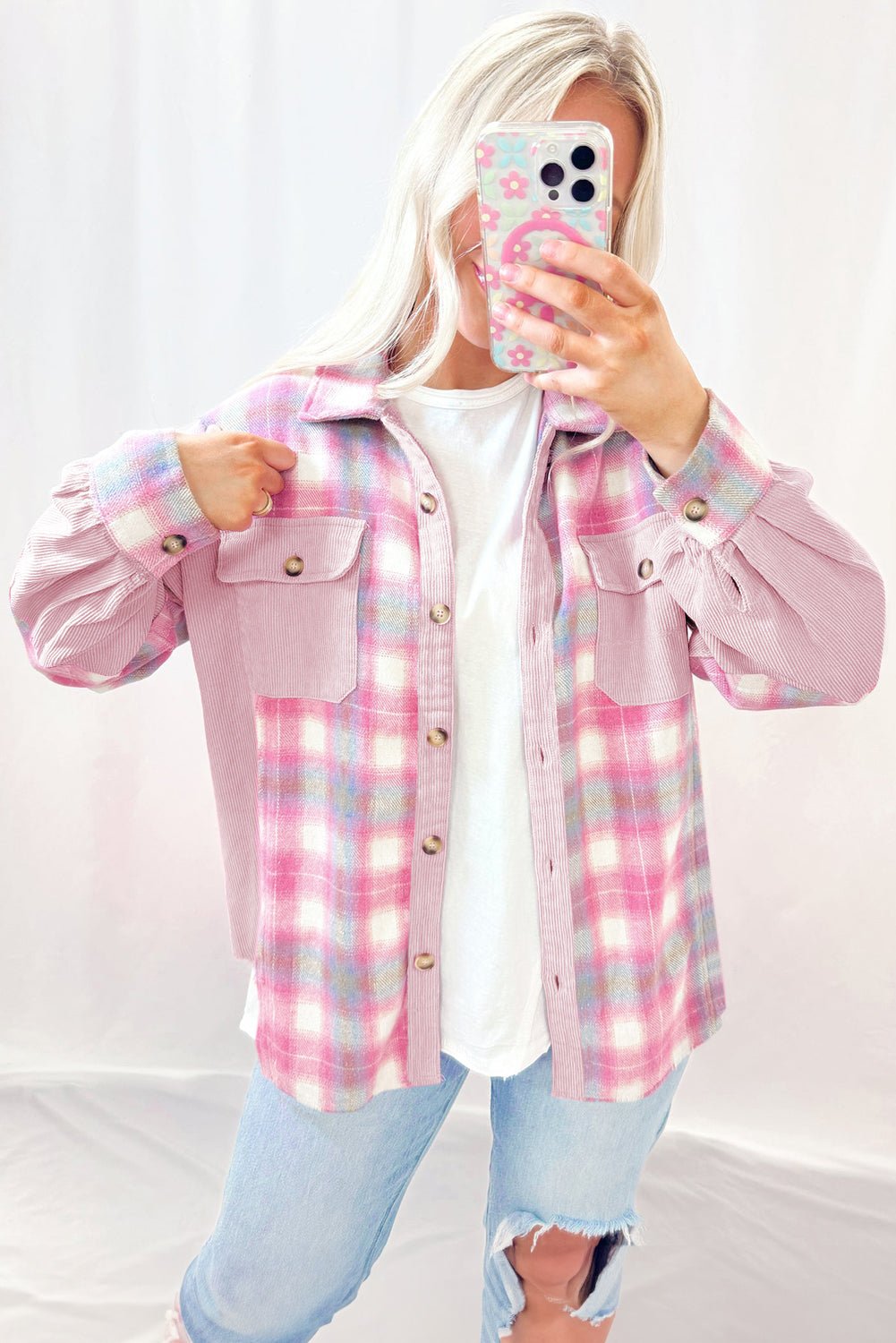 Pink Brushed Plaid Corduroy Flap Pockets Patchwork Shacket - MAD RUFFI