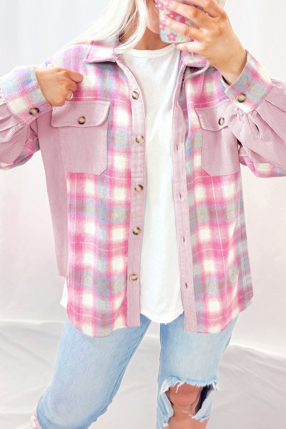 Pink Brushed Plaid Corduroy Flap Pockets Patchwork Shacket - MAD RUFFI