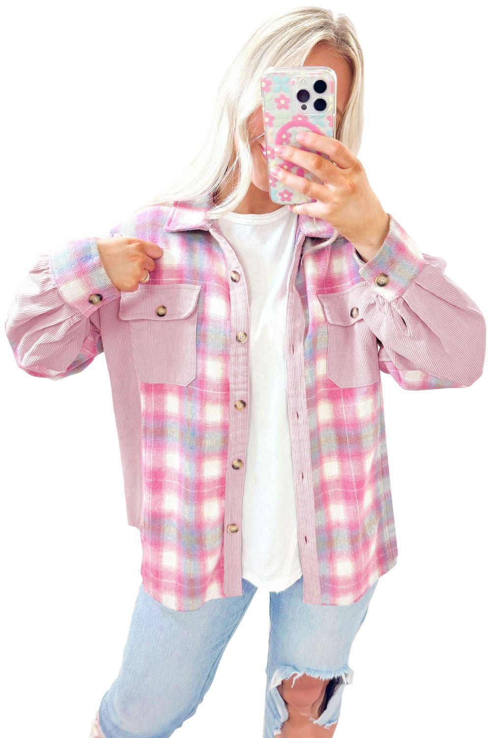 Pink Brushed Plaid Corduroy Flap Pockets Patchwork Shacket - MAD RUFFI