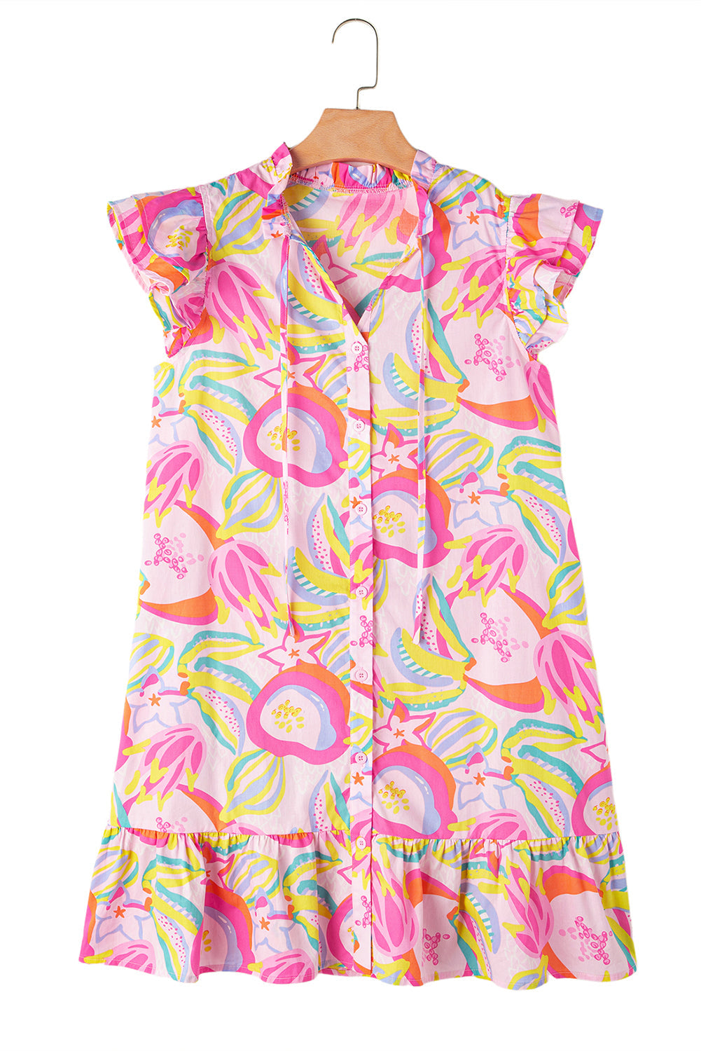 Pink Button Front Frill Neck Ruffle Trim Abstract Mini Dress - MAD RUFFI