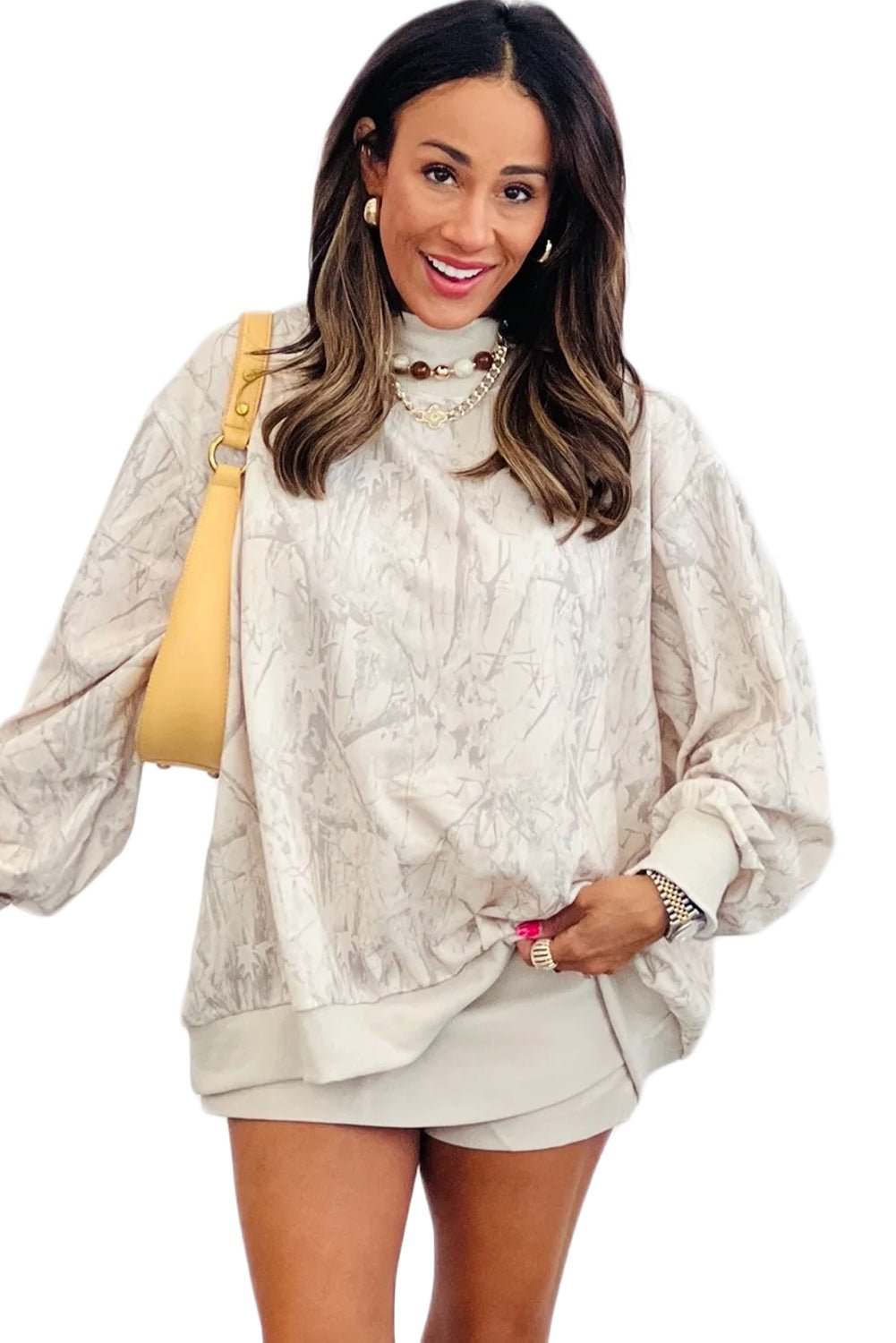 Pink Camo Print Mock Neck Loose Sweatshirt - MAD RUFFI