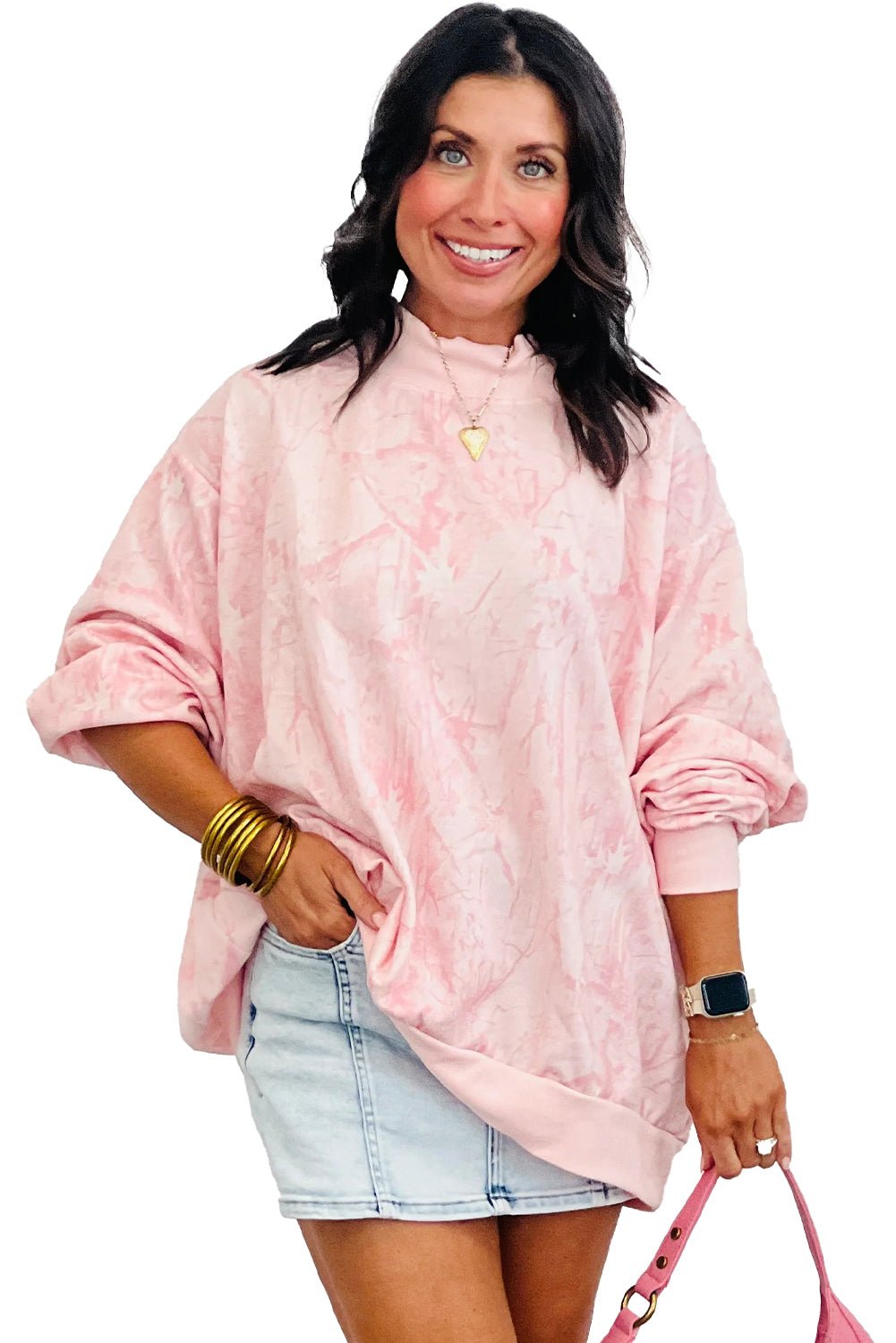Pink Camo Print Mock Neck Loose Sweatshirt - MAD RUFFI