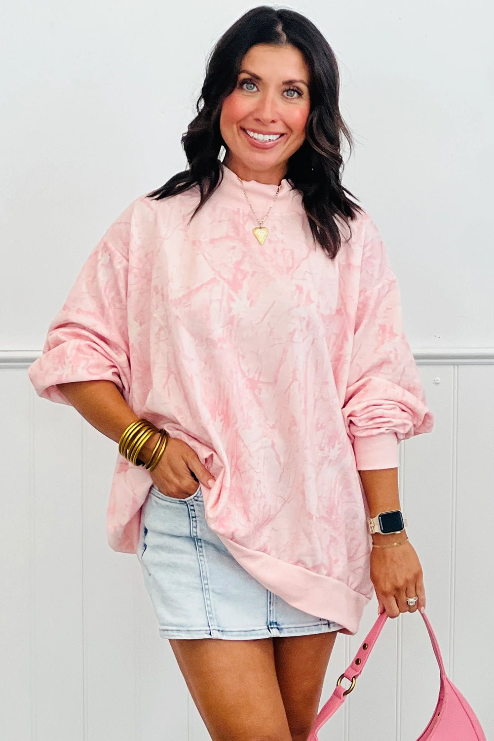 Pink Camo Print Mock Neck Loose Sweatshirt - MAD RUFFI