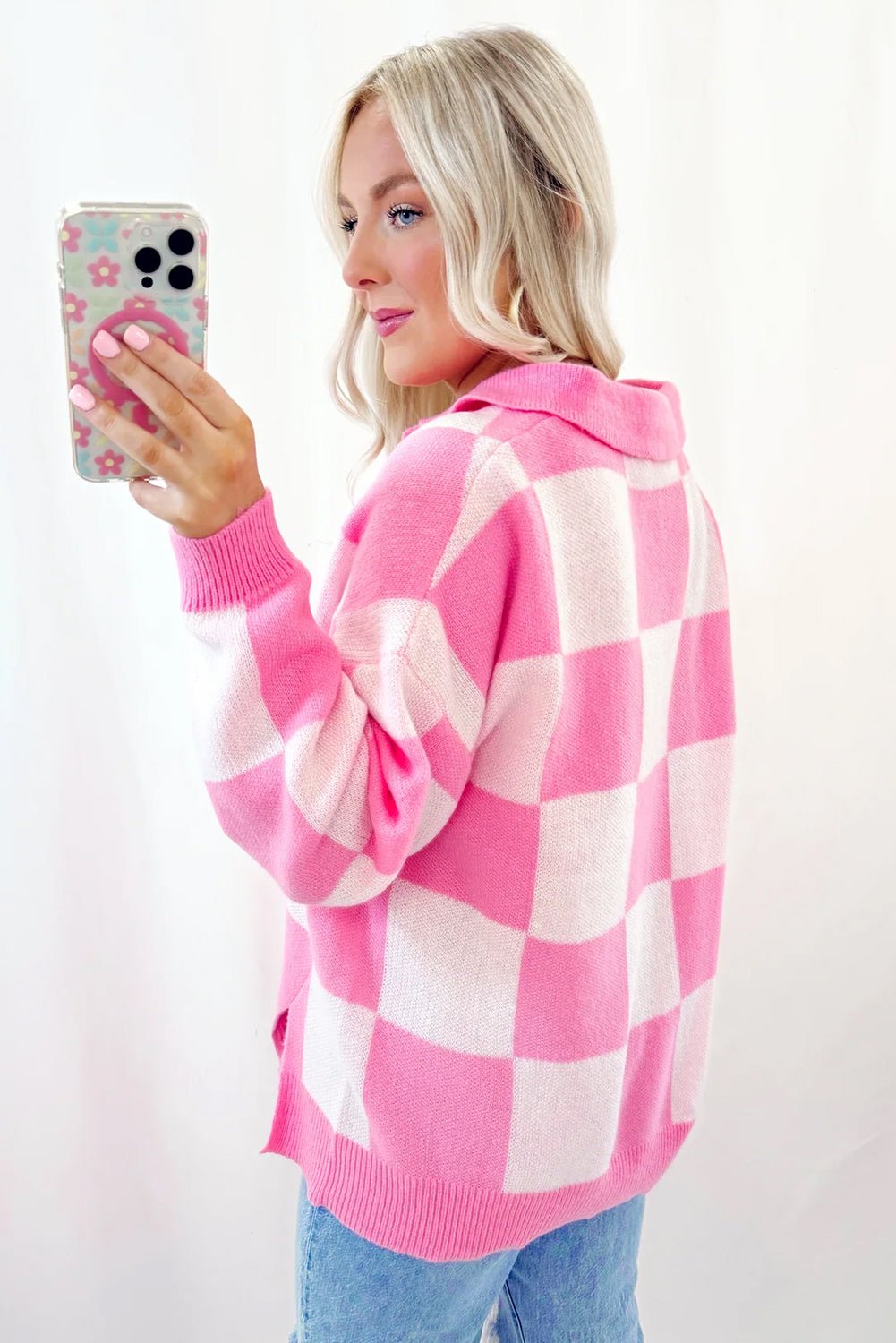 Pink Checkered Button Collared Sweater - MAD RUFFI
