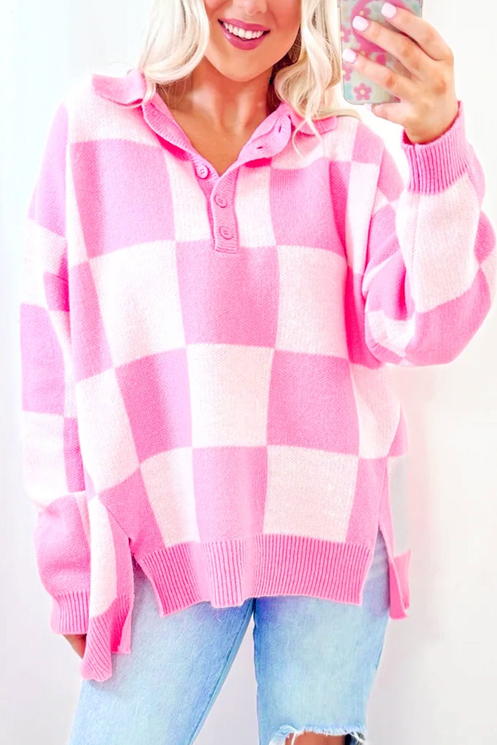 Pink Checkered Button Collared Sweater - MAD RUFFI