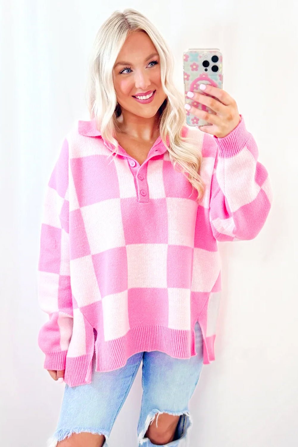Pink Checkered Button Collared Sweater - MAD RUFFI