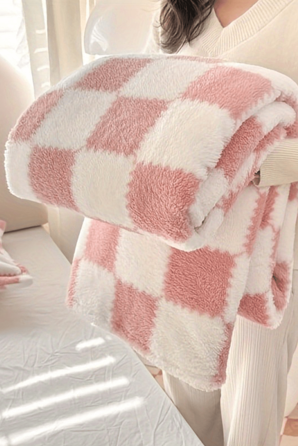 Pink Checkered Fluffy Coral Fleece Blanket - MAD RUFFI