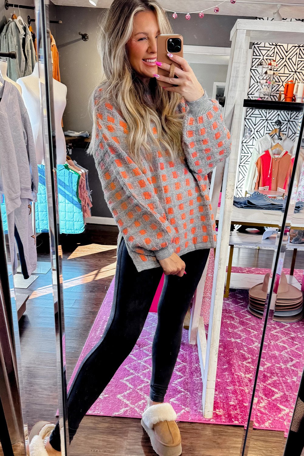 Pink Checkered Oversized Side Slit Sweater - MAD RUFFI