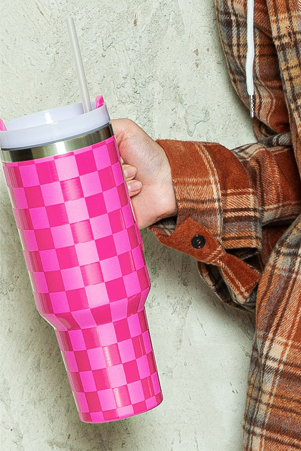 Pink Checkered Print Handled Stainless Steel Tumbler Cup - MAD RUFFI