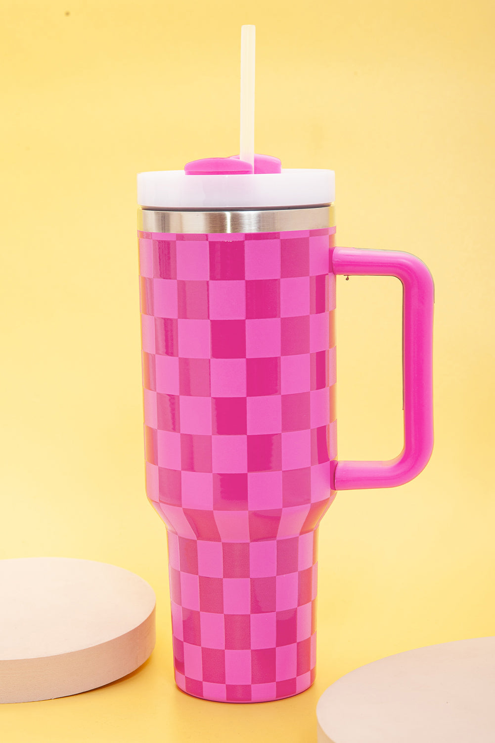 Pink Checkered Print Handled Stainless Steel Tumbler Cup - MAD RUFFI