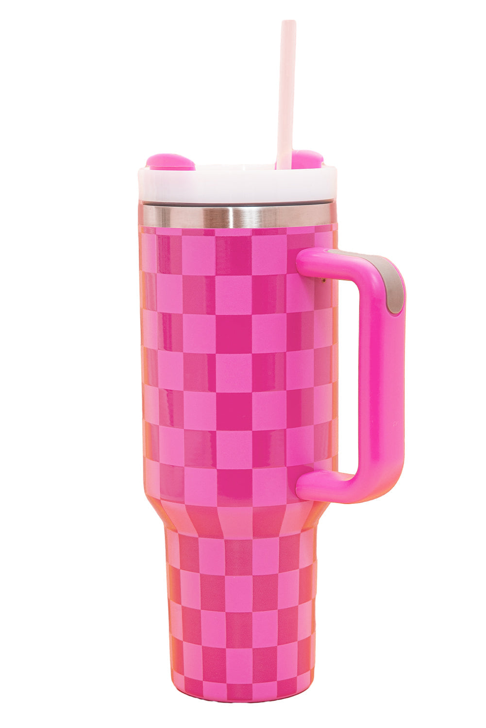 Pink Checkered Print Handled Stainless Steel Tumbler Cup - MAD RUFFI