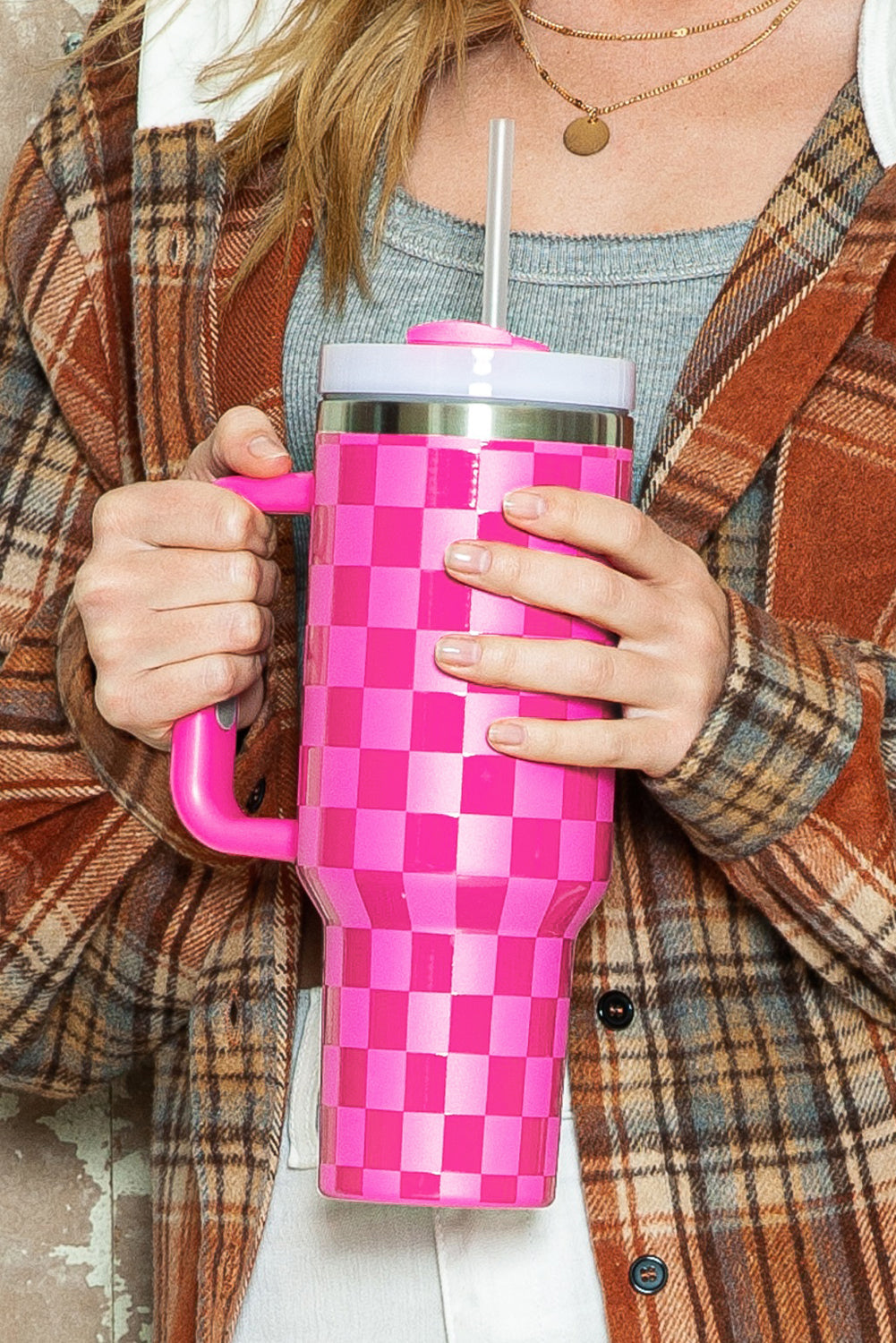 Pink Checkered Print Handled Stainless Steel Tumbler Cup - MAD RUFFI