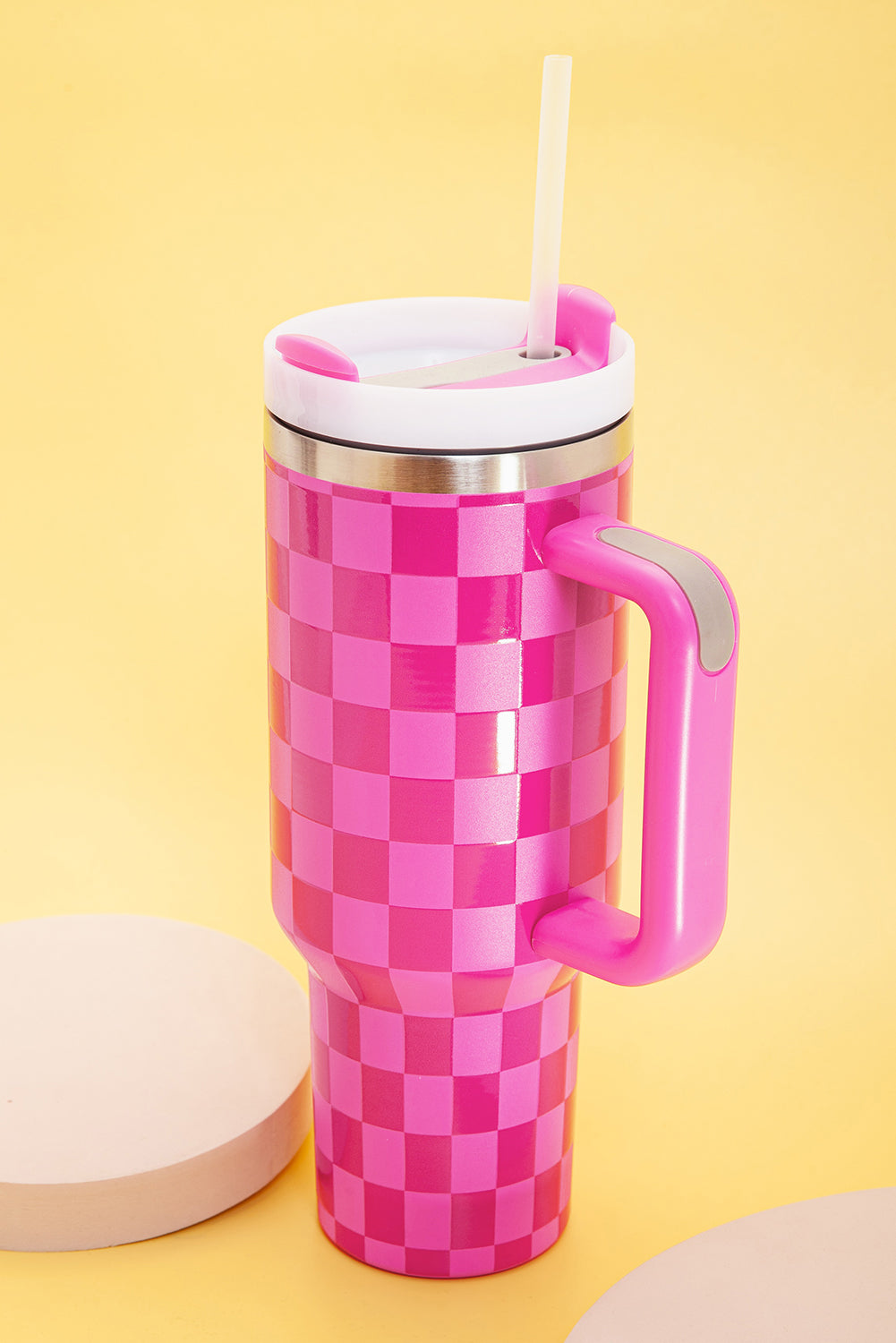 Pink Checkered Print Handled Stainless Steel Tumbler Cup - MAD RUFFI