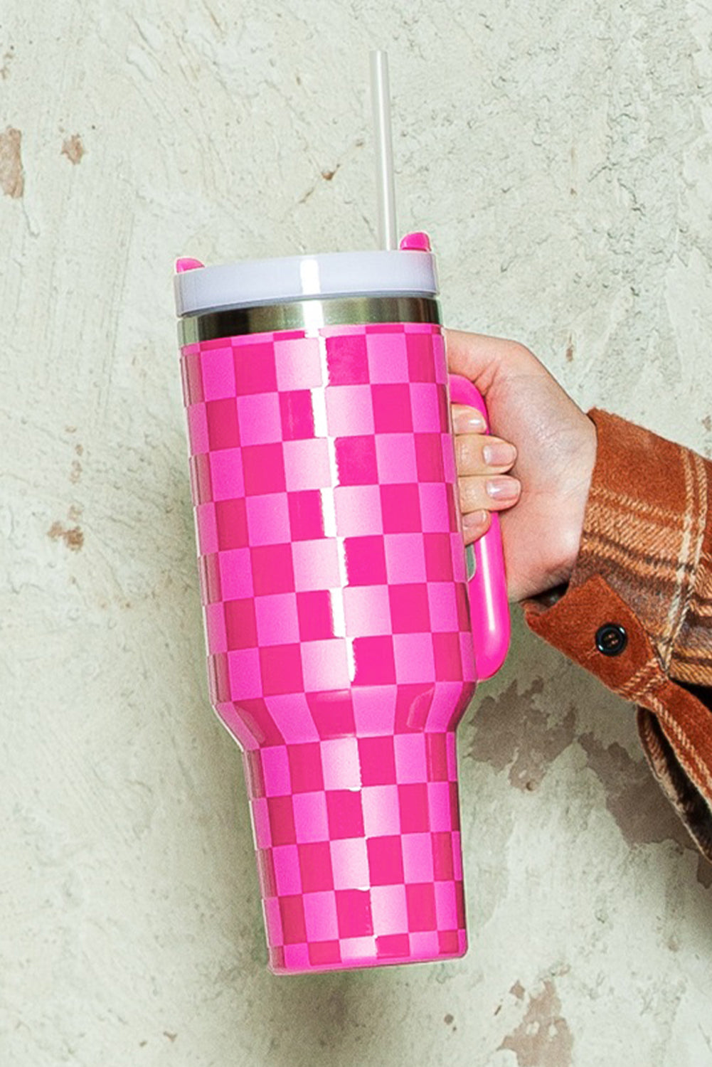 Pink Checkered Print Handled Stainless Steel Tumbler Cup - MAD RUFFI