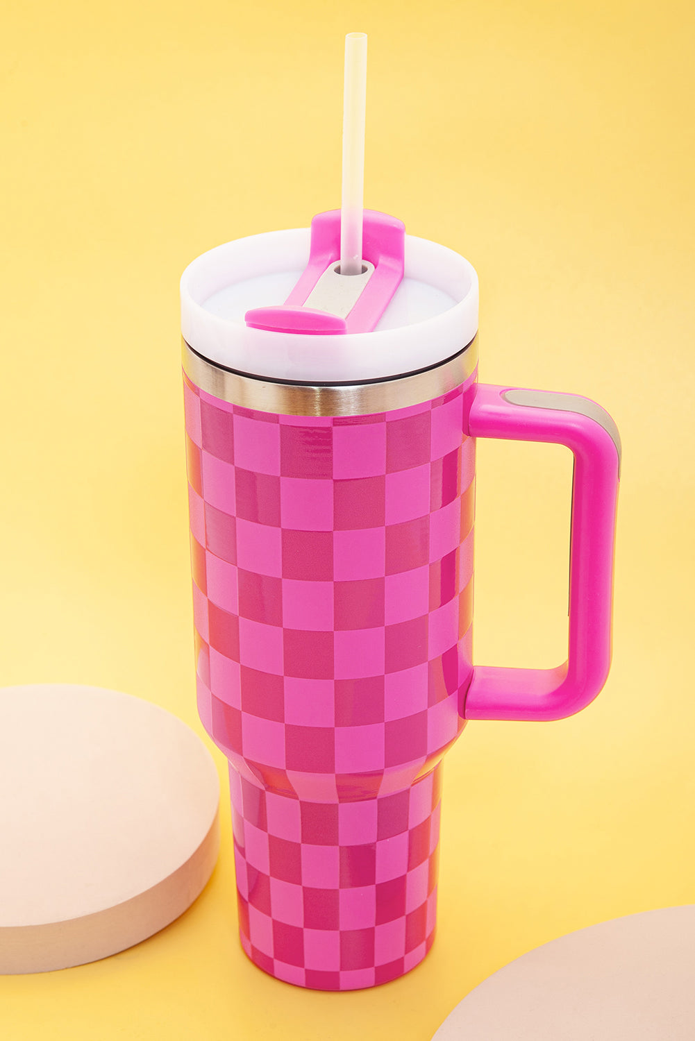 Pink Checkered Print Handled Stainless Steel Tumbler Cup - MAD RUFFI