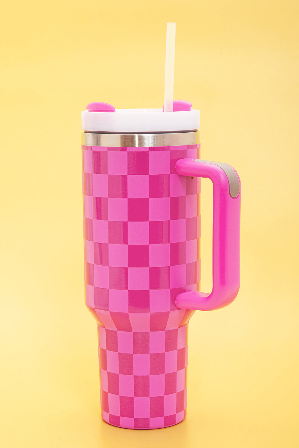 Pink Checkered Print Handled Stainless Steel Tumbler Cup - MAD RUFFI