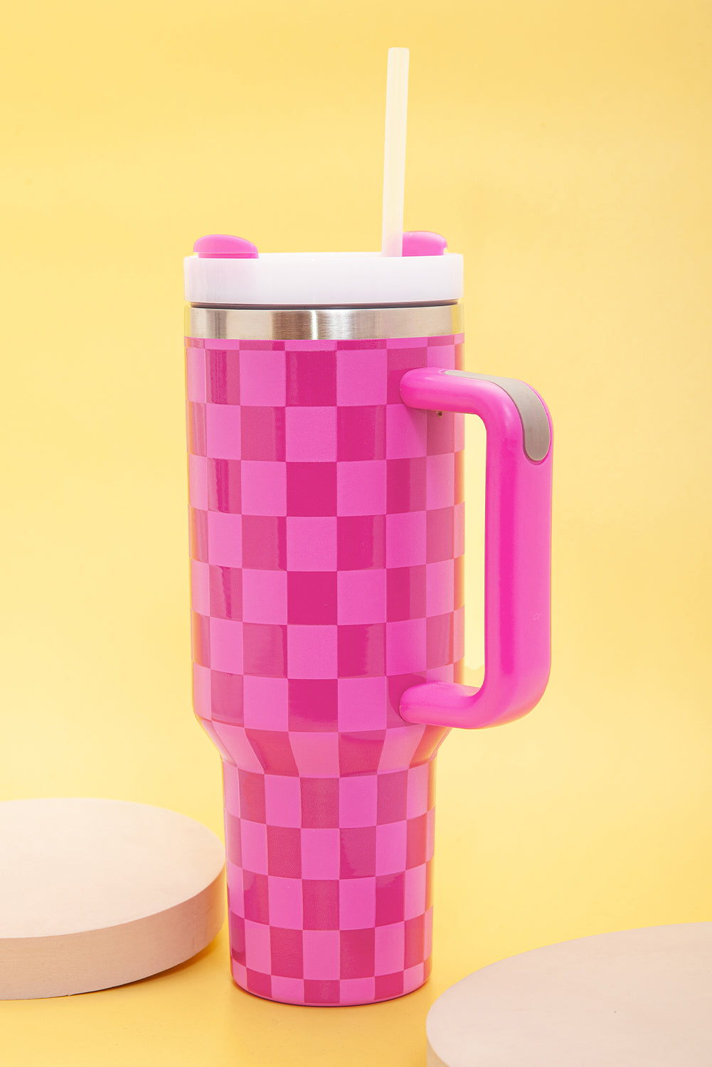 Pink Checkered Print Handled Stainless Steel Tumbler Cup - MAD RUFFI