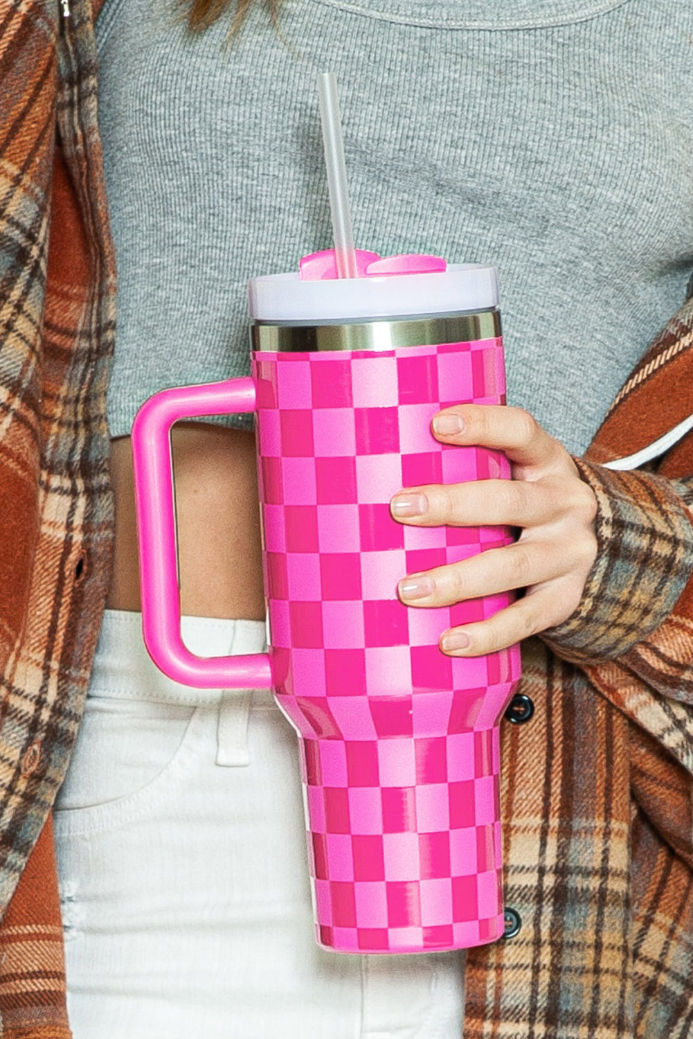 Pink Checkered Print Handled Stainless Steel Tumbler Cup - MAD RUFFI