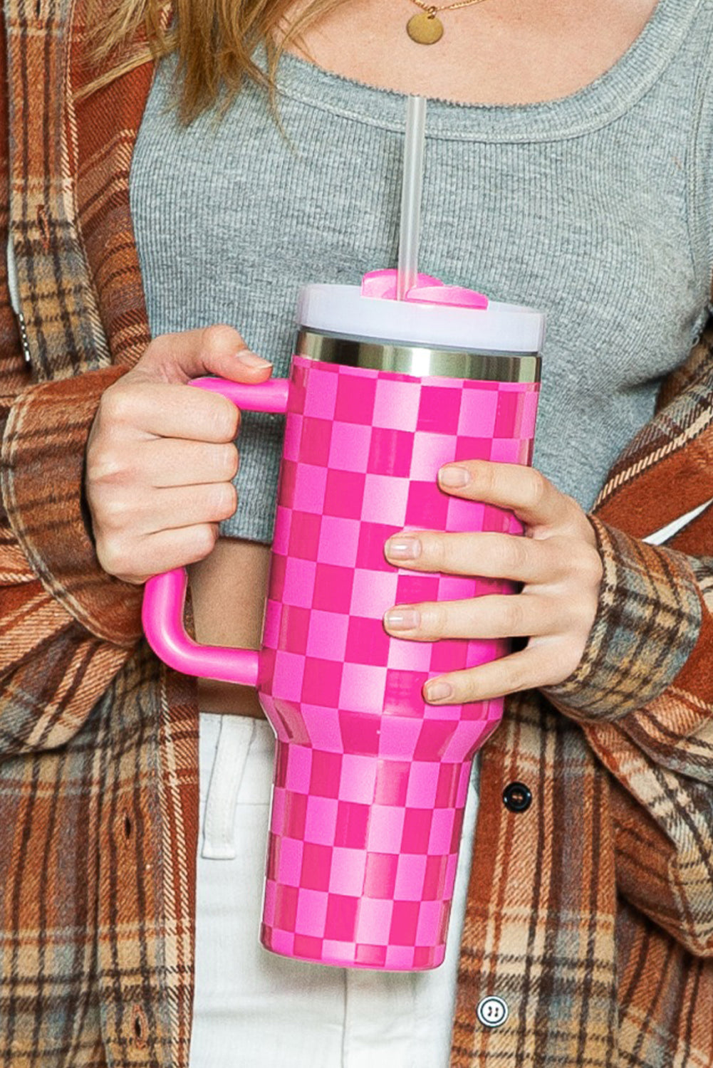 Pink Checkered Print Handled Stainless Steel Tumbler Cup - MAD RUFFI