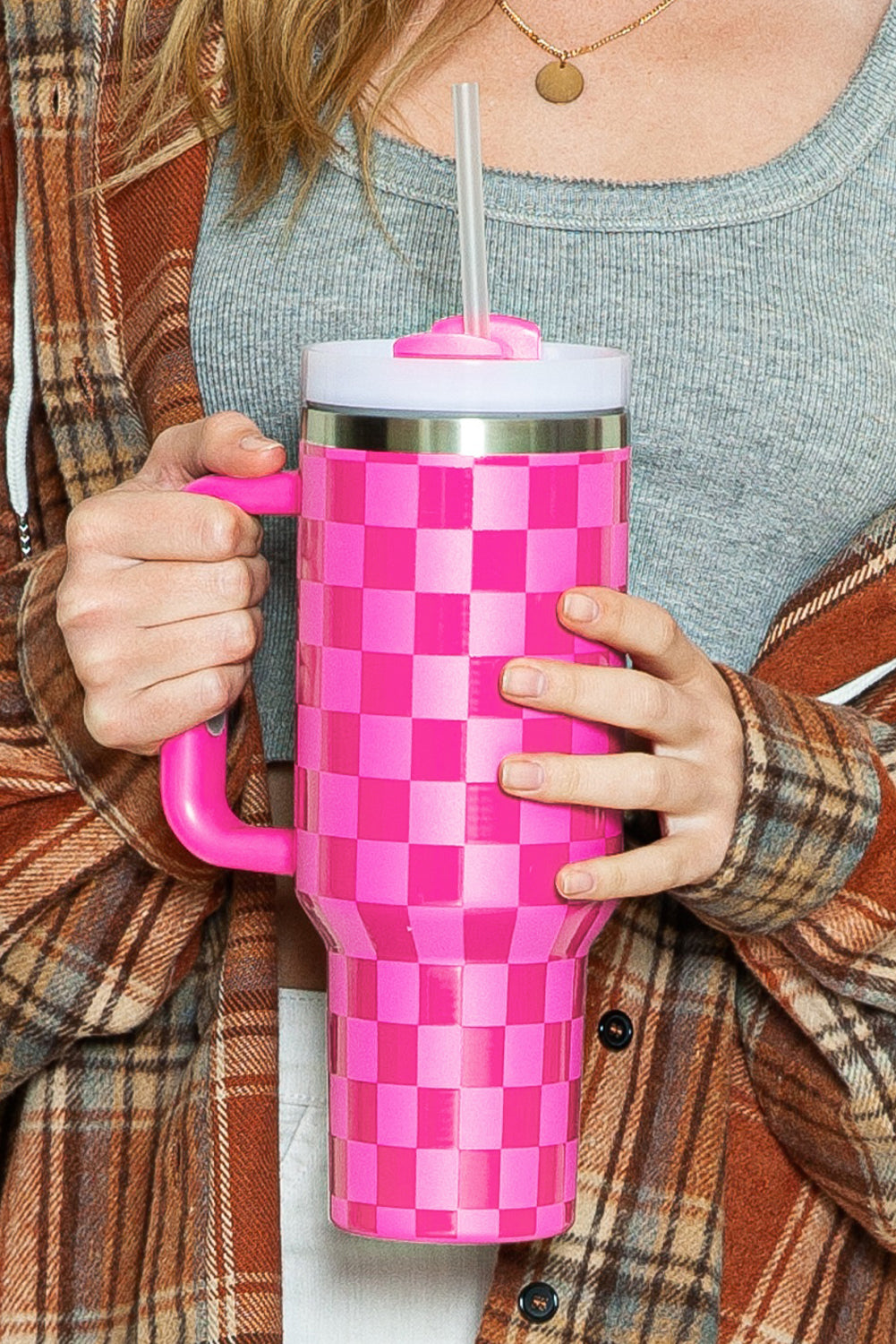 Pink Checkered Print Handled Stainless Steel Tumbler Cup - MAD RUFFI