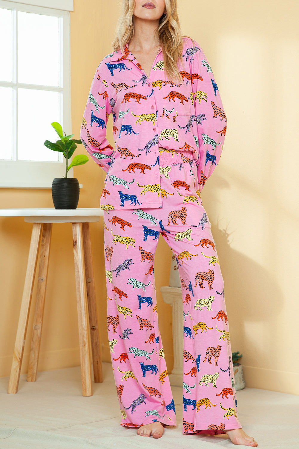 Pink Cheetah Print Shirt and Wide Leg Pants Pajama Set - MAD RUFFI