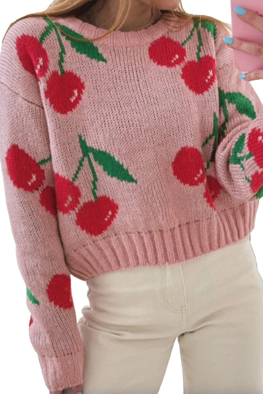 Pink Cherry Print Round Neck Knit Sweater - MAD RUFFI