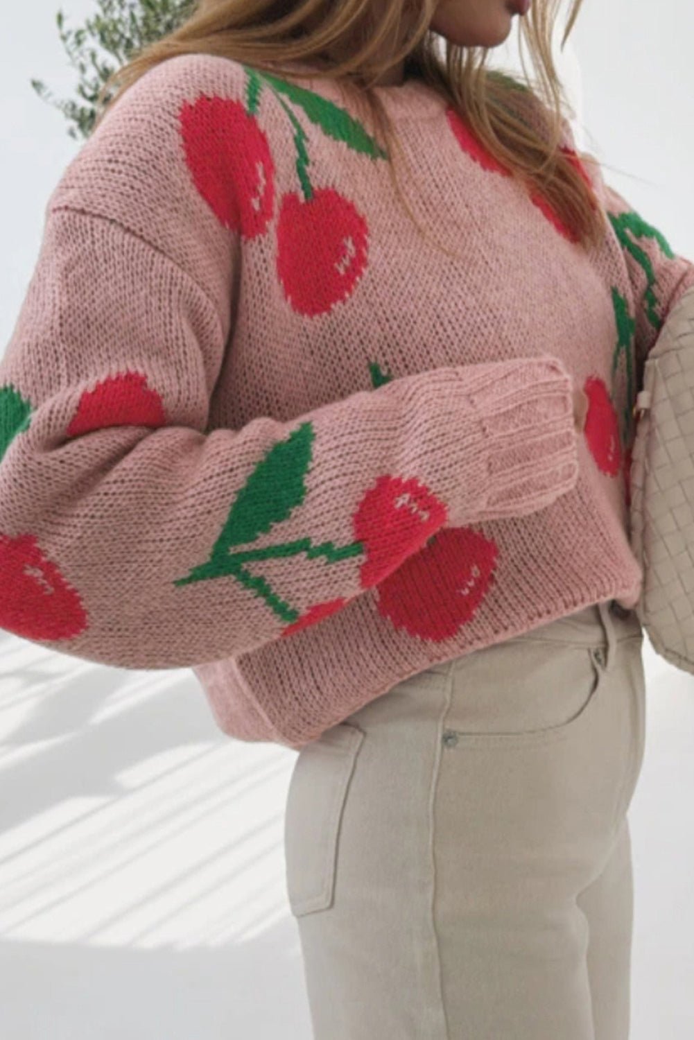 Pink Cherry Print Round Neck Knit Sweater - MAD RUFFI