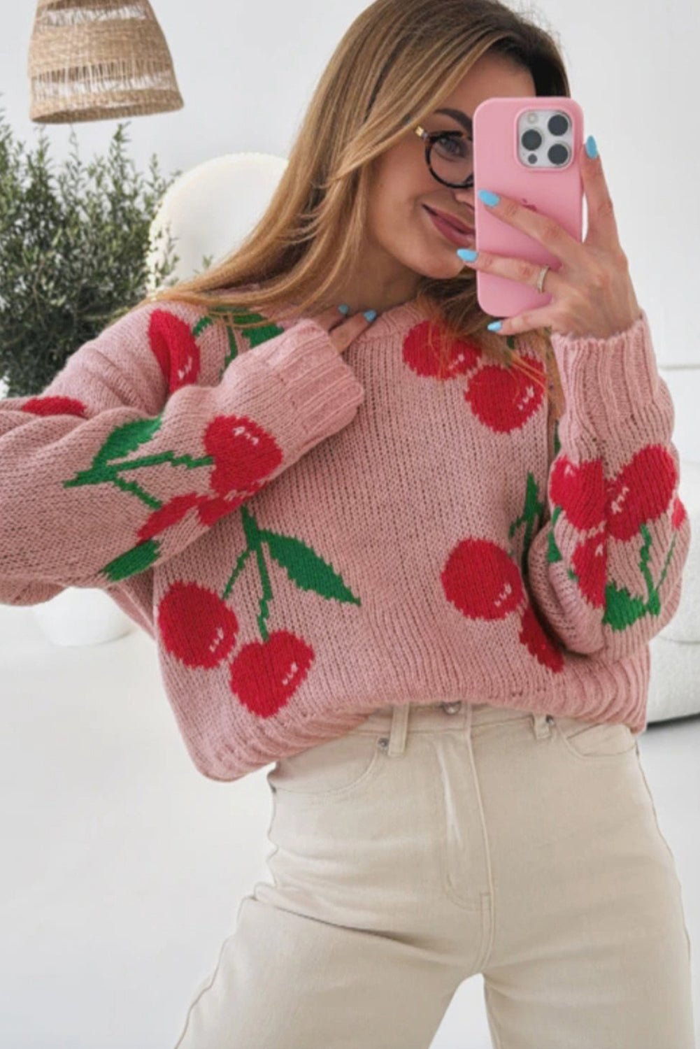 Pink Cherry Print Round Neck Knit Sweater - MAD RUFFI