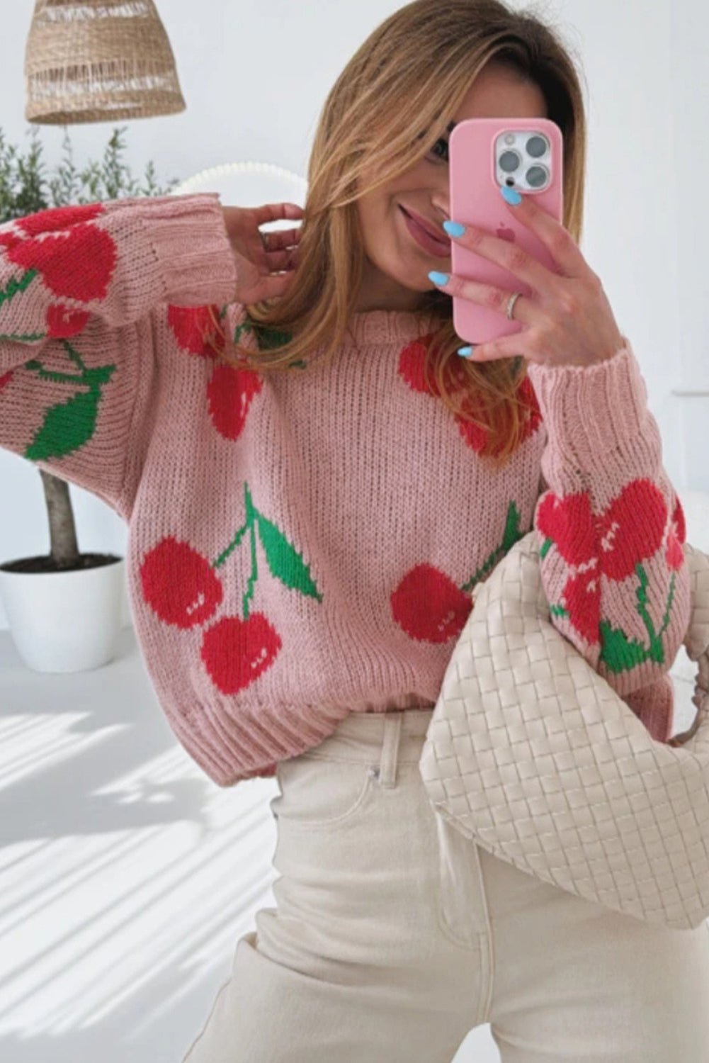 Pink Cherry Print Round Neck Knit Sweater - MAD RUFFI