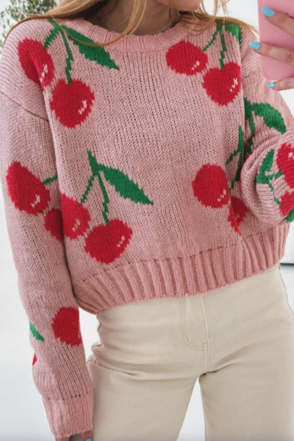 Pink Cherry Print Round Neck Knit Sweater - MAD RUFFI