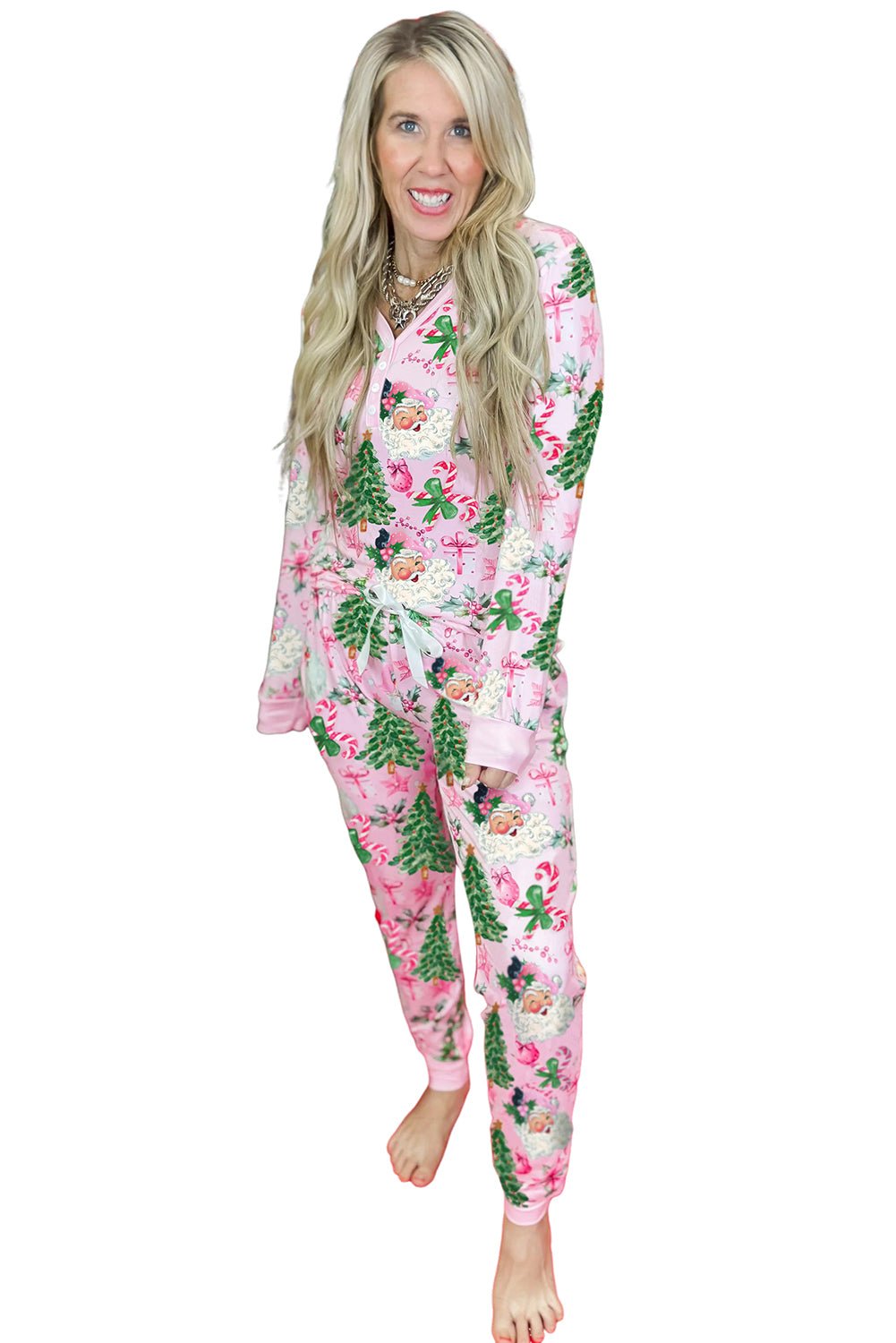 Pink Christmas Pattern Button V Neck Pullover Drawstring Pants 2pcs Lounge Set - MAD RUFFI