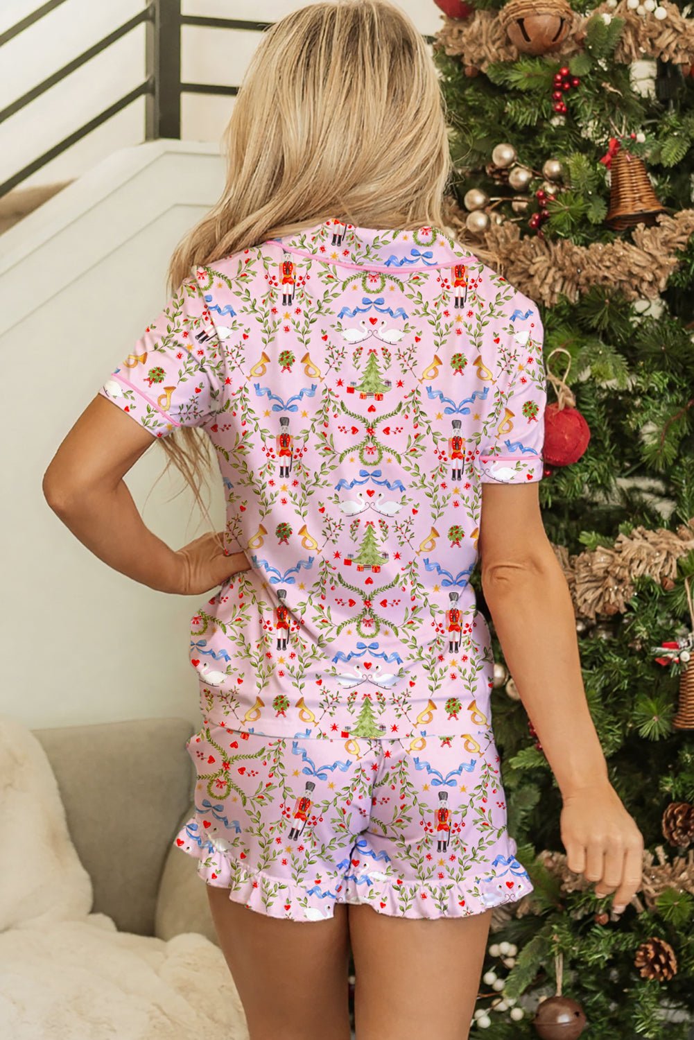 Pink Christmas Print Short Sleeve Shirt and Pajama Set - MAD RUFFI