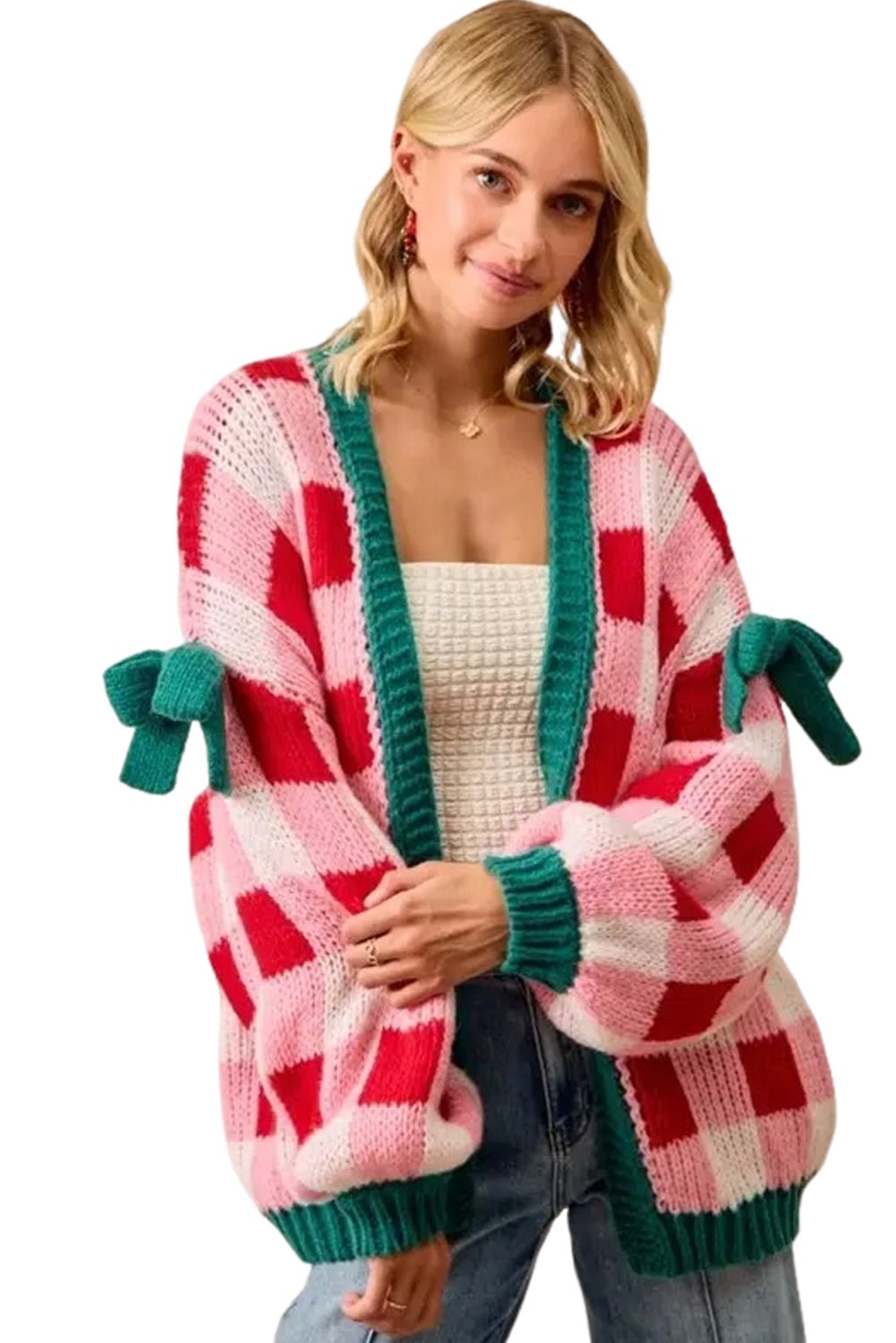 Pink Colorblock Checkered Open Front Knit Cardigan - MAD RUFFI