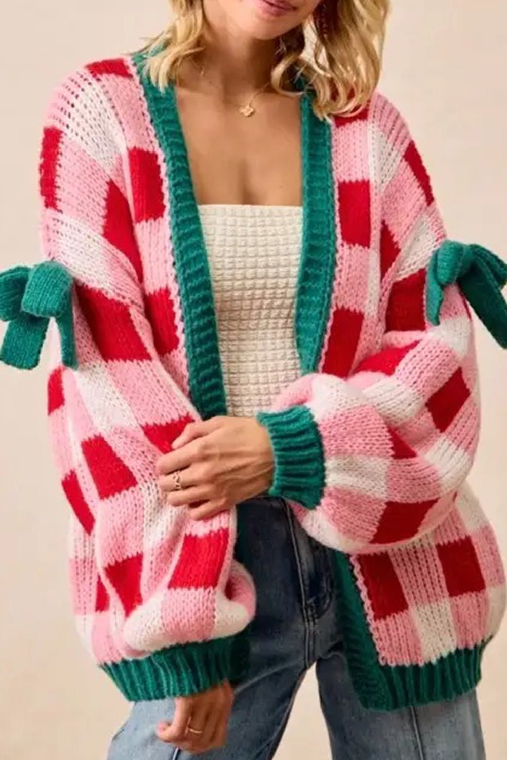 Pink Colorblock Checkered Open Front Knit Cardigan - MAD RUFFI