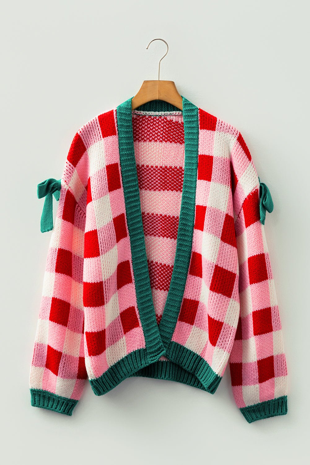 Pink Colorblock Checkered Open Front Knit Cardigan - MAD RUFFI